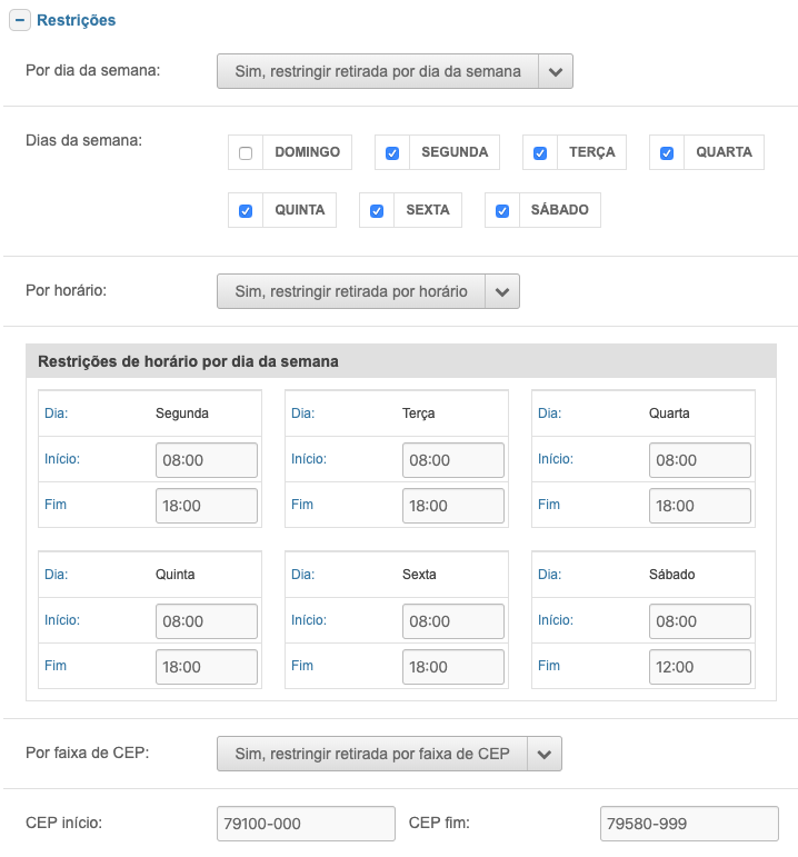 Restrições do Ponto de Retirada